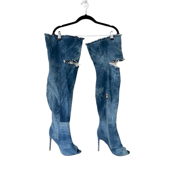 LILIANA Barbara 13 Thigh High Over Knee Denim Open Toe Stiletto Heel Boot Sz 8.5 - Picture 2 of 5
